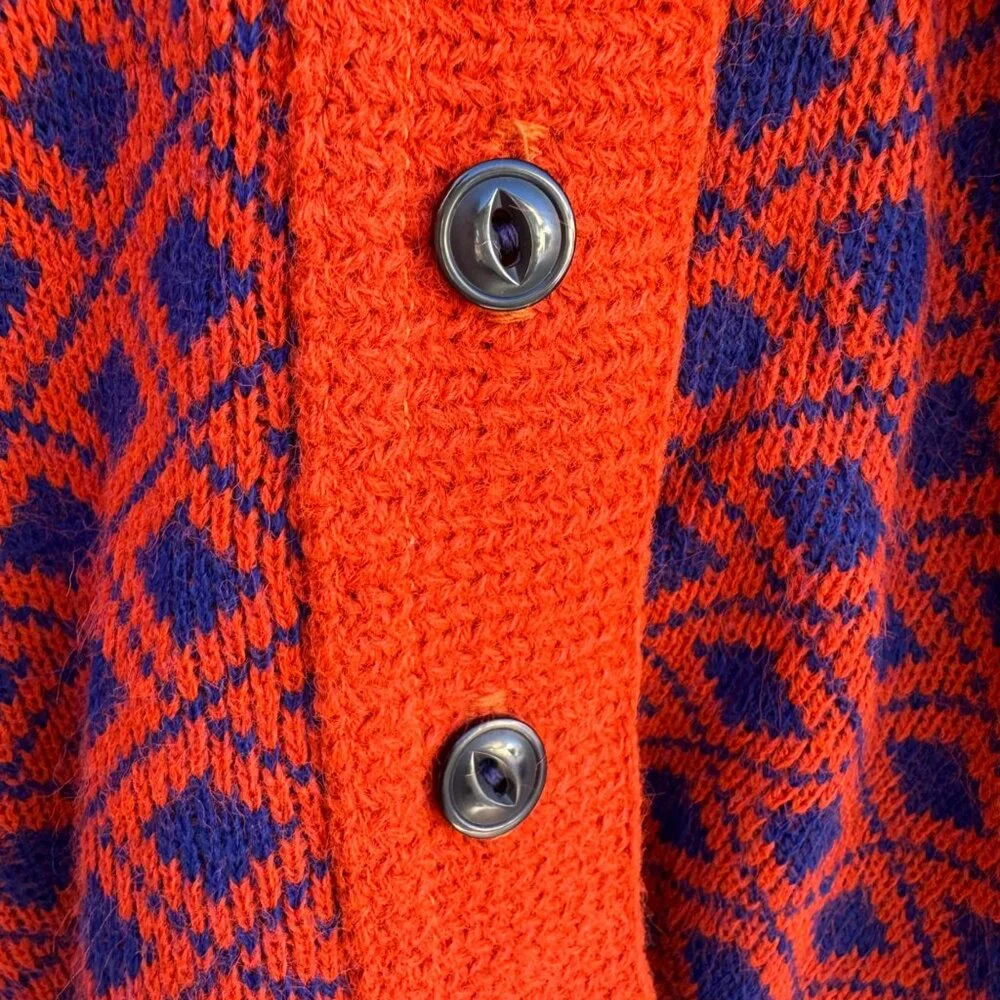 Beeline Vintage 60s 70s Mod Geometric Diamond Knit Cardigan Sweater M Rockabilly